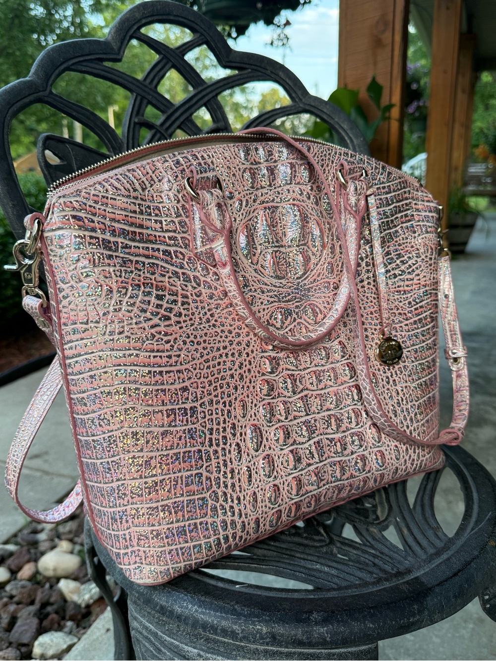 Brahmin Iridescent Pink Croc-Embossed Tote - Picture 2 of 7
